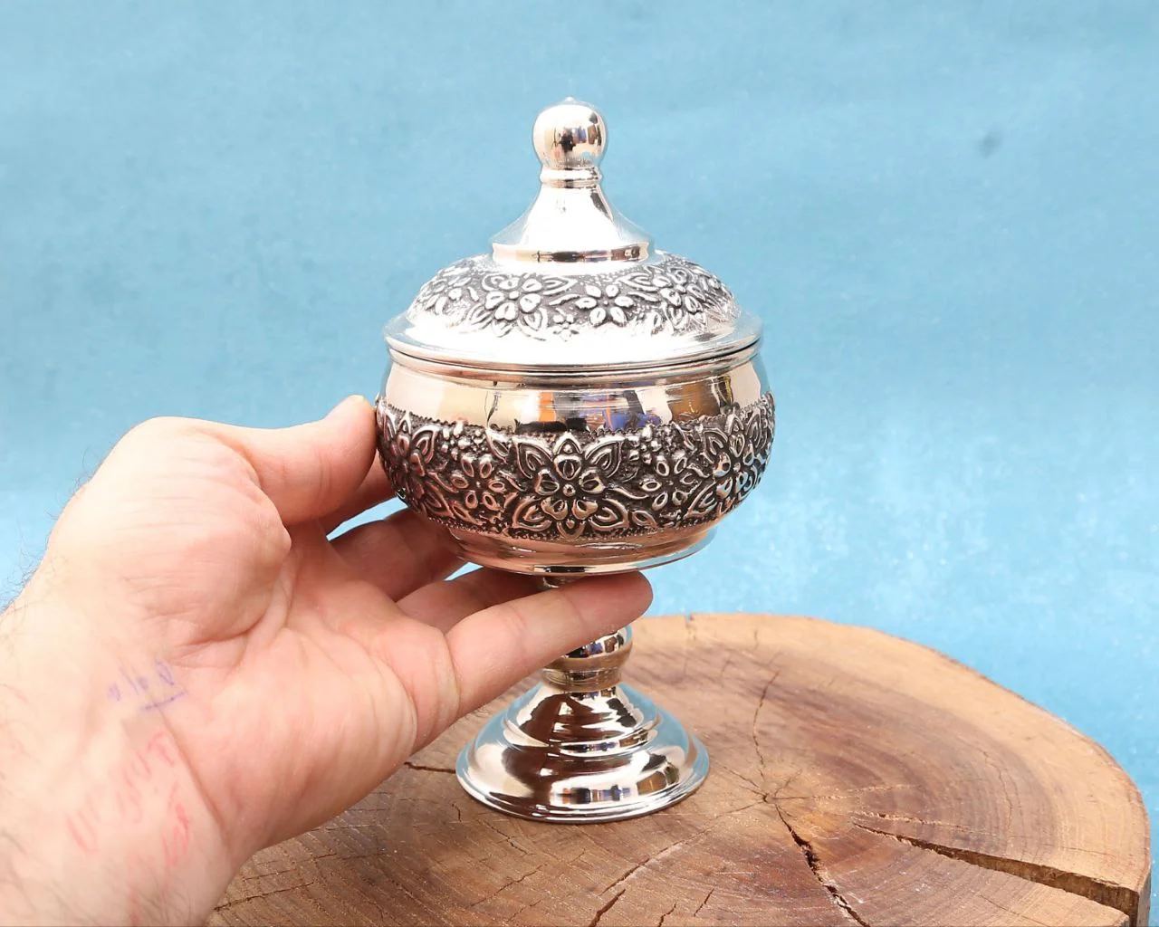 قندان‌مسی پایه‌دار یاسمن با آبکاری کروم