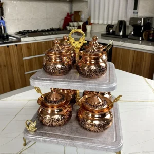 جا ادویه دوطبقه مسی ۸ عددی با استند چوبی