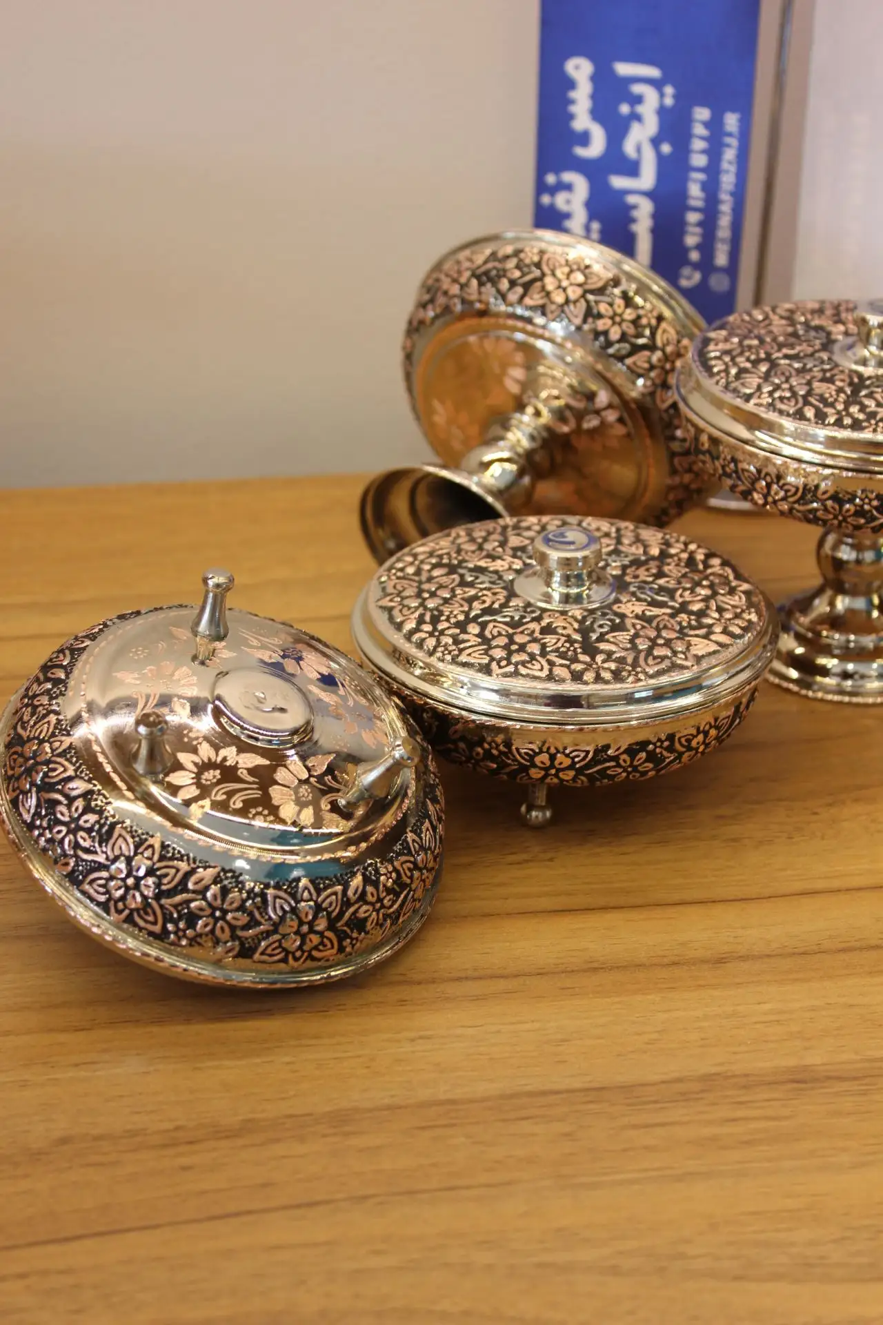 قندان مسی کروم تراش دو رنگ