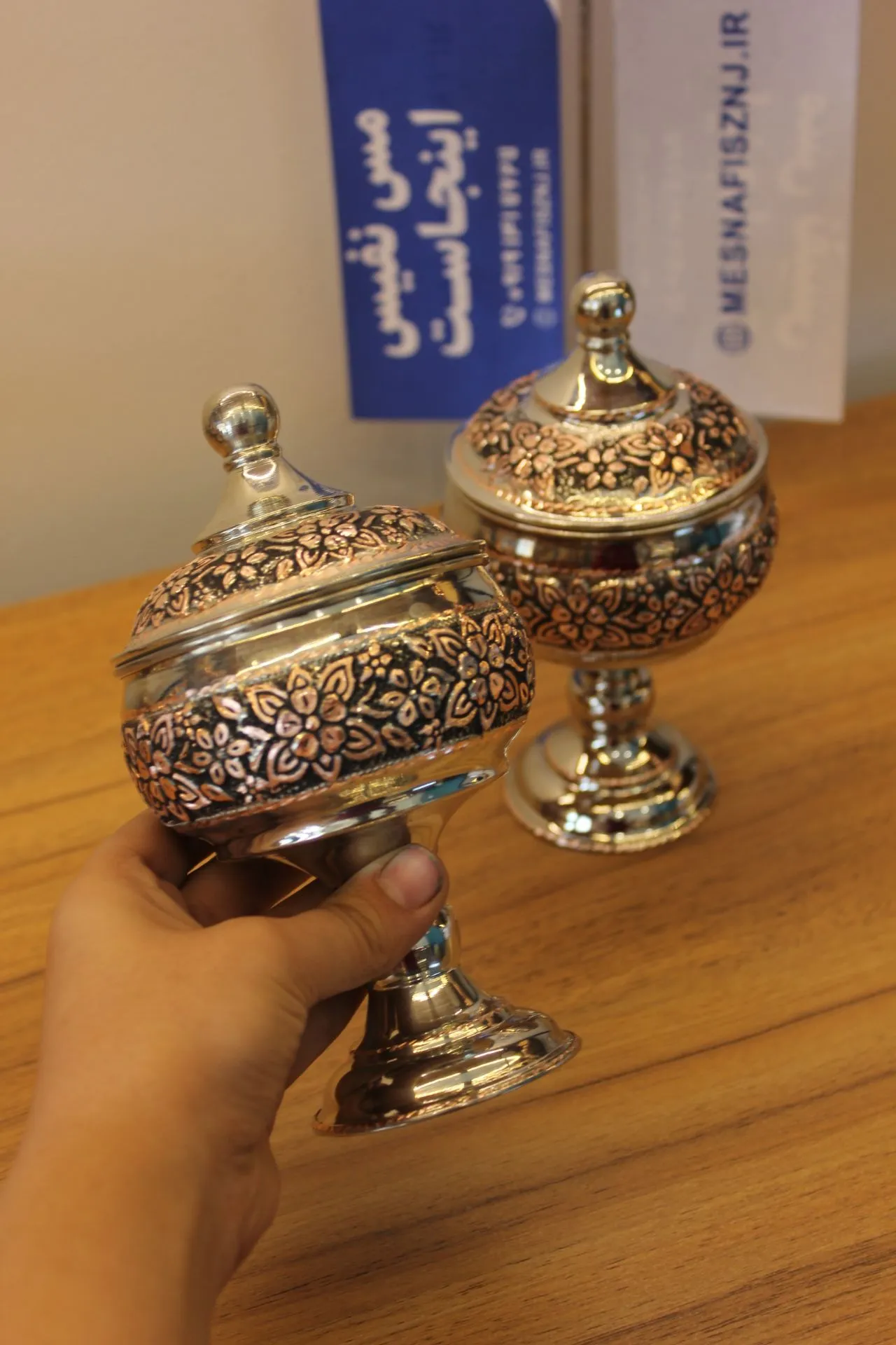 قندان مسی کروم پایه بلند تراش