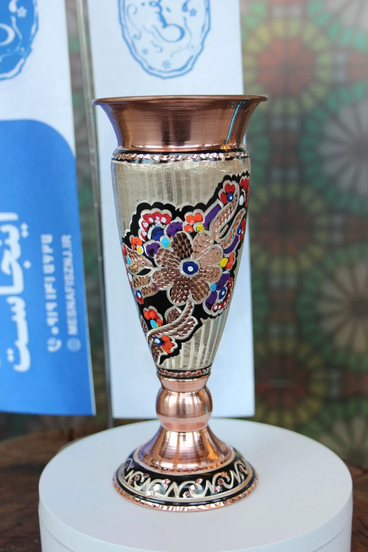 گلدان مسی لاله نقره کوب طرح فرشینه