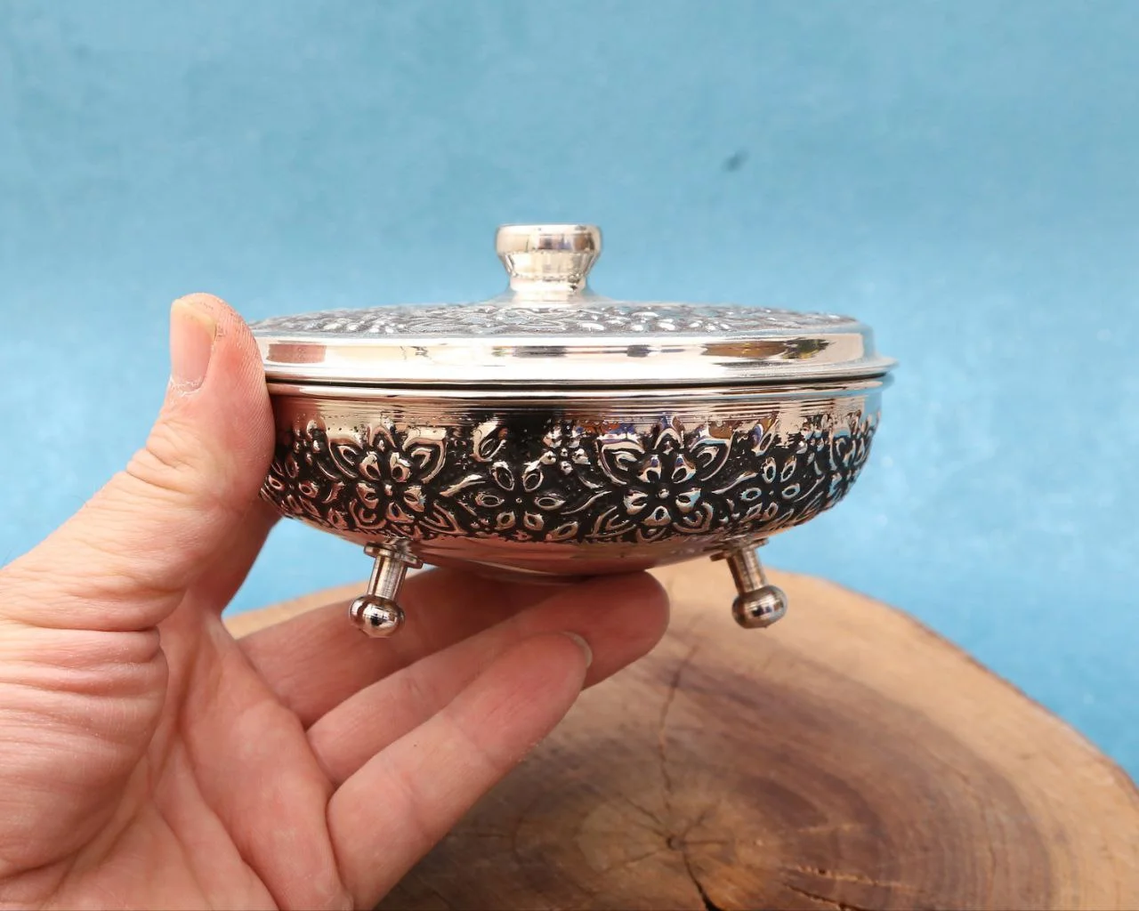 قندان مسی سرتخت سه پایه یاسمن با آبکاری کروم