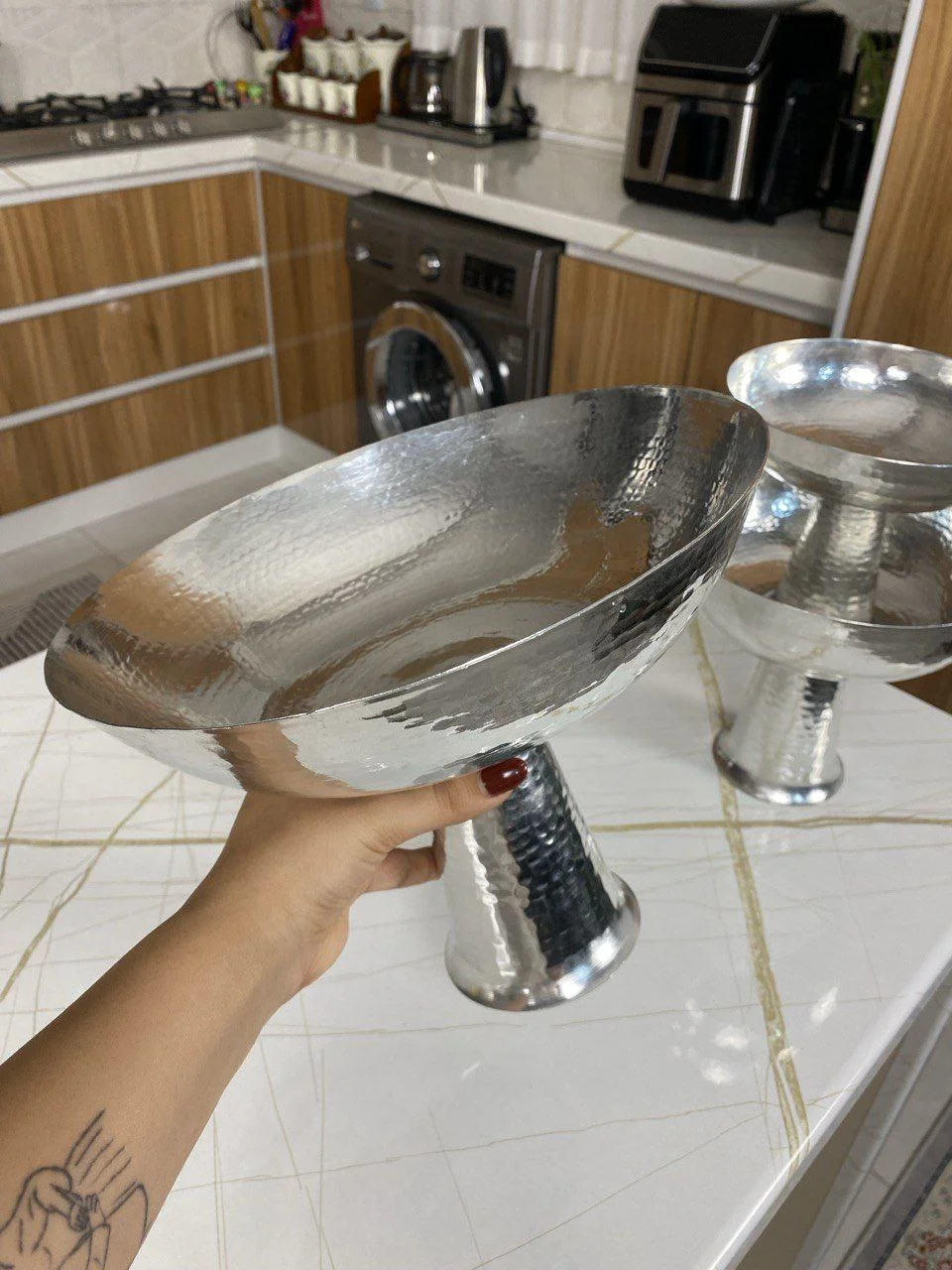 میوه خوری مسی دست ساز پایه بلند قلع شده،