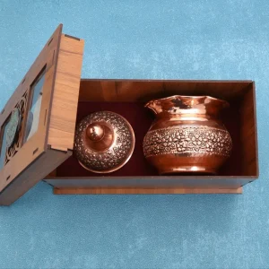 پک هدیه مسی قندان سیاه قلم همراه با جعبه چوبی