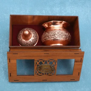 پک هدیه مسی قندان سیاه قلم همراه با جعبه چوبی