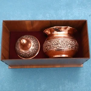 پک هدیه مسی قندان سیاه قلم همراه با جعبه چوبی