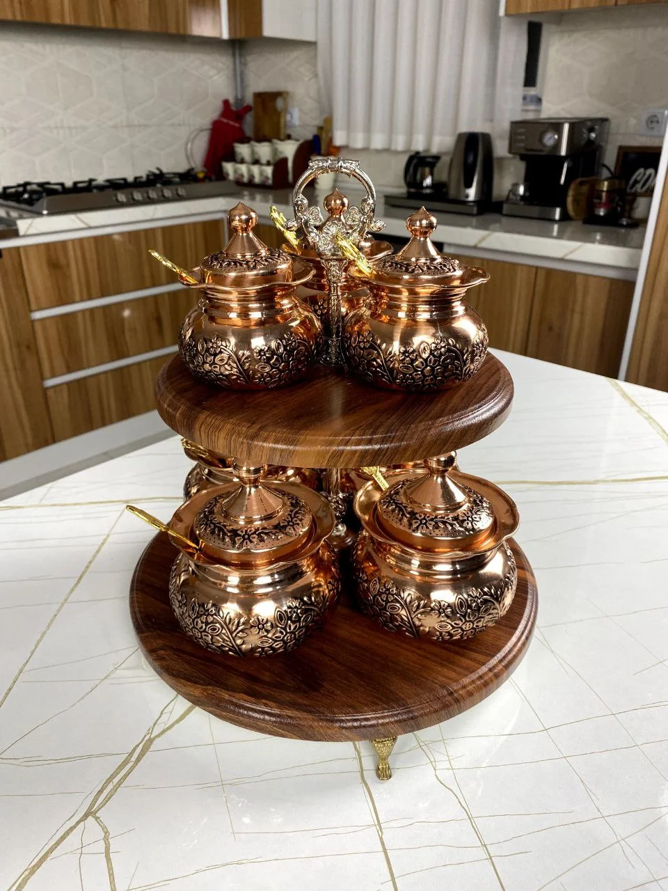 جا ادویه دوطبقه مسی ۷ عددی با استند چوبی وکیوم