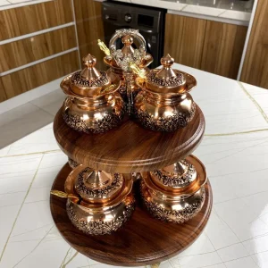 جا ادویه دوطبقه مسی ۷ عددی با استند چوبی وکیوم