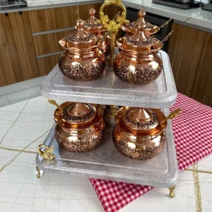 جا ادویه دوطبقه مسی ۸ عددی با استند چوبی